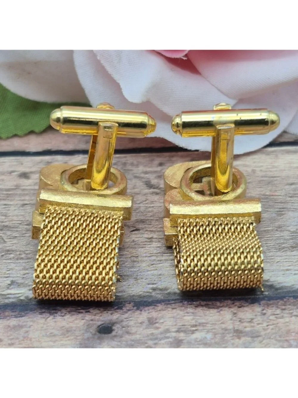 Vintage Dante Gold Tone B Monogram Cufflinks Mesh Shirt Wraps Set Mid Century